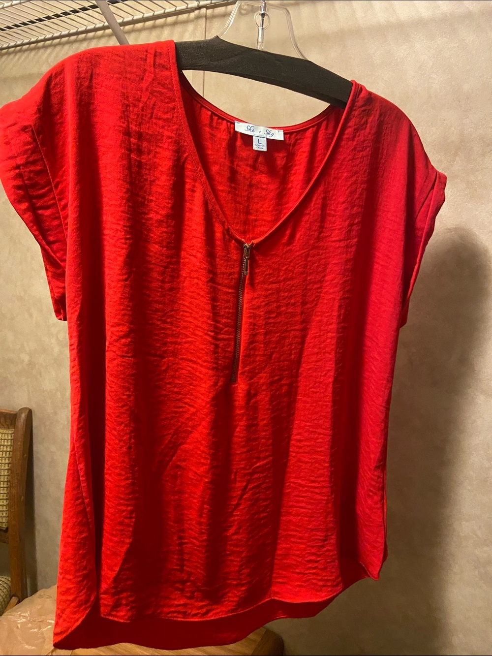 She + Sky Red Short-Sleeve V-Neck Top with Front Zip